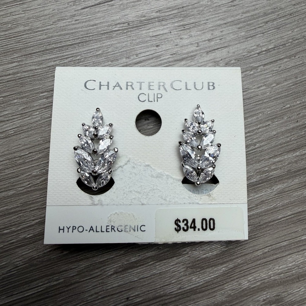 Charter Club Silver-Tone‎ Marquise Crystal Leaf Cluster Clip On Earrings New